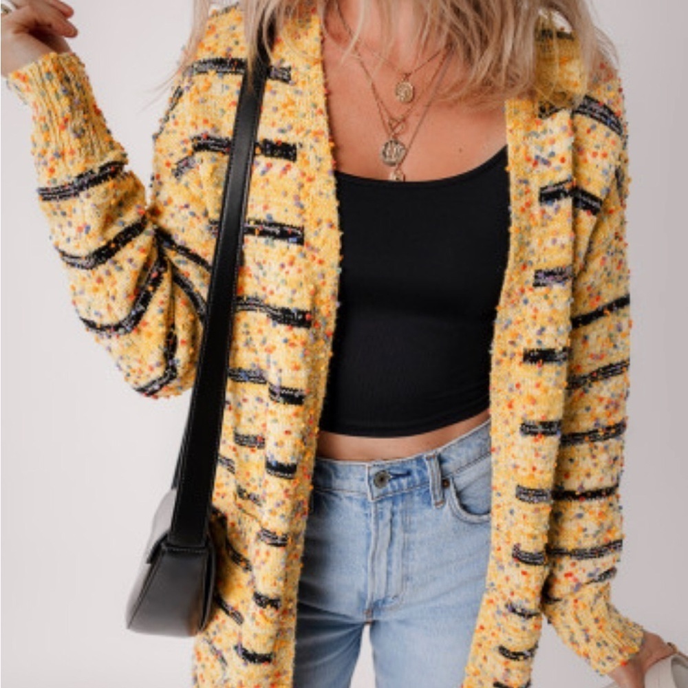 Striped PomPom Knit Open Front Long Cardigan Duster Womens size XL